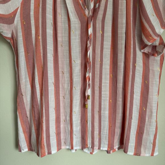 Alex & Parker Size 1X Top Pink Striped Gold Specks Flutter Sleeve Ruffle Neck - Picture 4 of 13